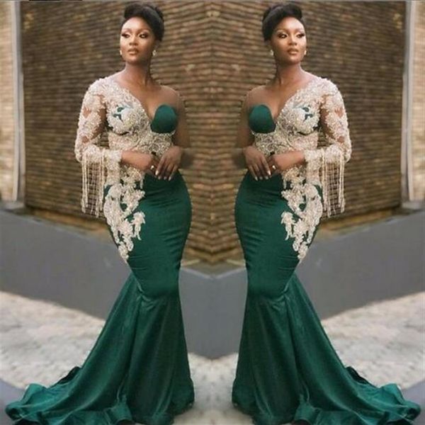 2020 New Black Girl Mermaid abito da sera nuovi abiti da ballo manica lunga in pizzo Applique in rilievo paolo sebastian africano elegante Evenin292s