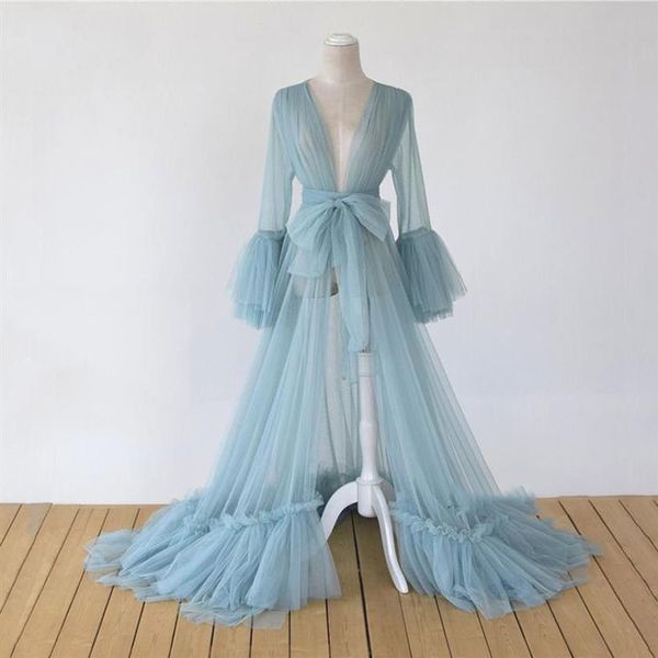 Chic Tulle Blue Prom Dresses Abito di maternità polveroso per Poshoot See Thru maniche a sbuffo con scollo a V abito lungo da donna Gowns307e