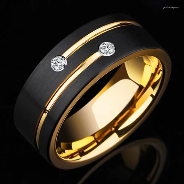 Eheringe Luxus Herren 8mm Schwarz Edelstahl Gold Farbe Ring Kristall Band Für Männer Verlobung Party Schmuck Geschenk Großhandel