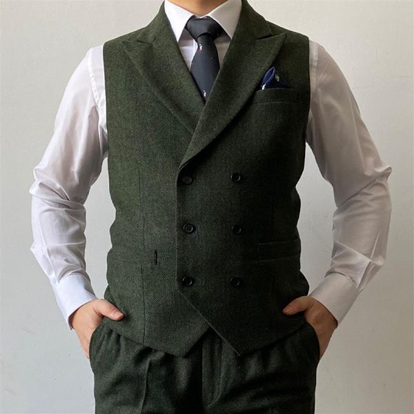 2021 Bristish Verde Noivo Colete Duplo Peito Marrom Lã Espinha De Peixe Tweed Colete Padrinho Masculino Terno Baile Colete Casamento Vestido 297h