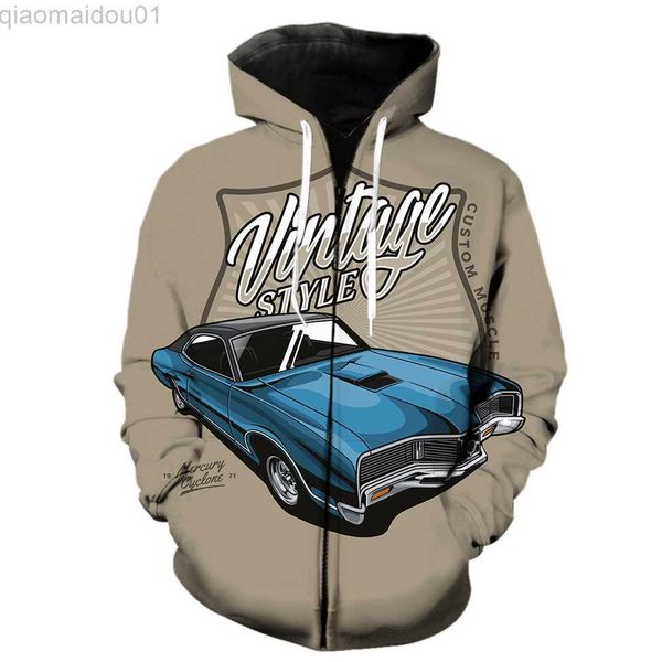 Felpe con cappuccio da uomo Felpe Cartoon Vintage Car Felpa con cappuccio da uomo con cerniera Casual Stampa 3D Top con cappuccio Giacche 2022 Vendita calda Streetwear Felpe Hip Hop Cool L230721