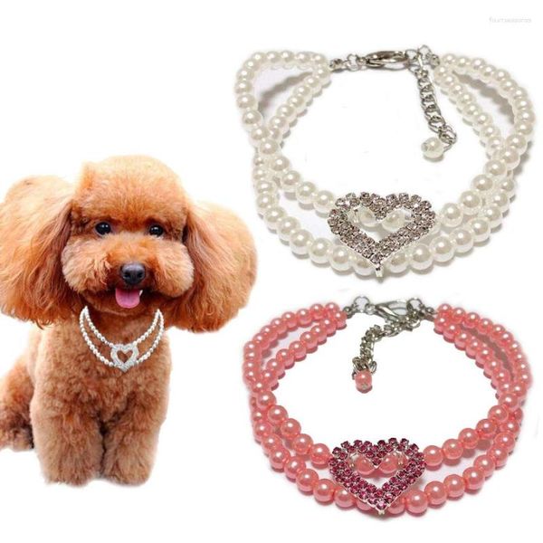 Coleiras para cachorros, colares de pérolas, strass, 2 fileiras, colar para gatos, joias para animais de estimação, casamento, festa de aniversário, acessórios para cães pequenos