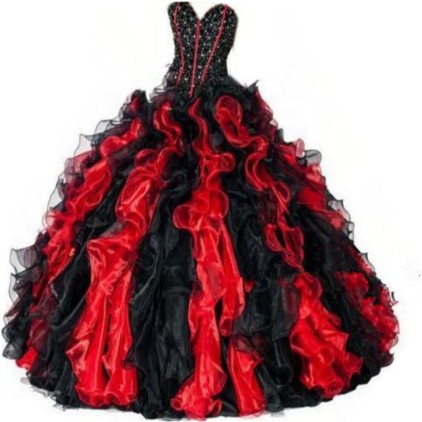 2022 Abito da Ballo Rosso E Nero Dolce 16 Abito Quinceanera Appliques Oro Abito da Festa Formale Abiti da 16 Anos QC1262307C