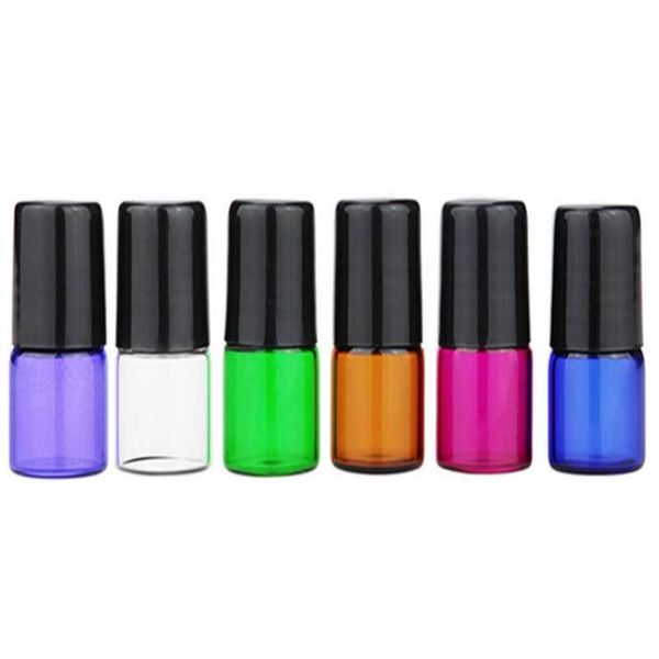 Commerci all'ingrosso 6 colori piccole bottiglie di vetro 1/4 dram 1 ml rosso viola verde ambra trasparente blu mini bottiglie di olio essenziale con acciaio inossidabile r swmq