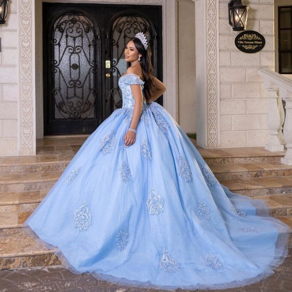 2024 Небесно-голубое блестящее бальное платье Quinceanera Платья с открытыми плечами и аппликациями из бисера Кружевное милое платье 16 Vestidos De 15 anos