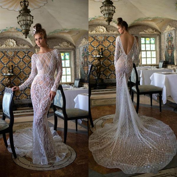 2019 Abiti da sposa a sirena Berta Illusion Paillettes Abiti da sposa senza schienale a maniche lunghe con perline robe de mariee soiree2947