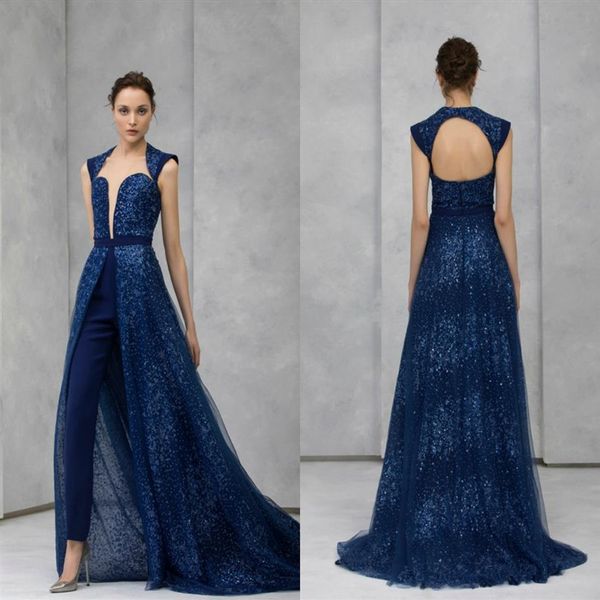 2020 tuta da sera blu scuro con gonna staccabile in pizzo con paillettes in rilievo collo alto abito da ballo Tony Ward abiti da festa convenzionali pantaloni Su299d