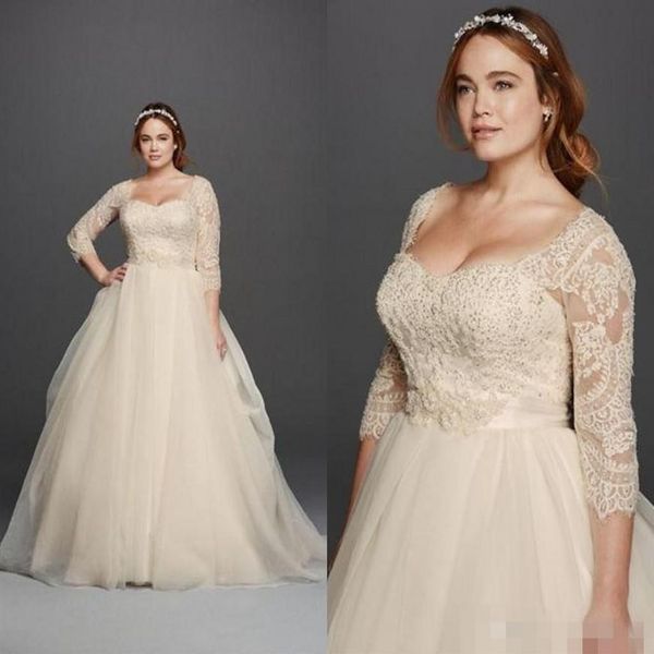 Plus Size Oleg Cassini Vestidos de Noiva 3 4 Mangas Renda Querida Botão Coberto Comprimento Glor Princesa Vestidos de Noiva Fashion3304