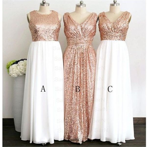 2018 Top in oro rosa con paillettes Gonna in chiffon bianco Abiti da damigella d'onore economici lunghi Scollo a V Stile gioiello increspato per matrimonio Paese Prom Fo289a