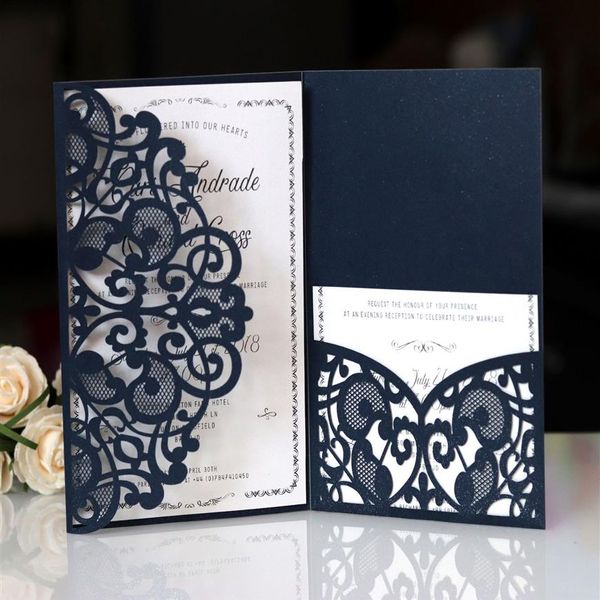 Романтический темный темно -синий весенний цветок блестящий лазерный нарезанный карманные свадебные приглашения настраиваемые приглашения216Y