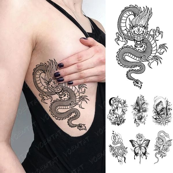 Adesivo de tatuagem temporária à prova d'água linha simples Dragon Snake Flash Tattoos gótico y2k arte corporal braço tatuagem falsa homens mulheres