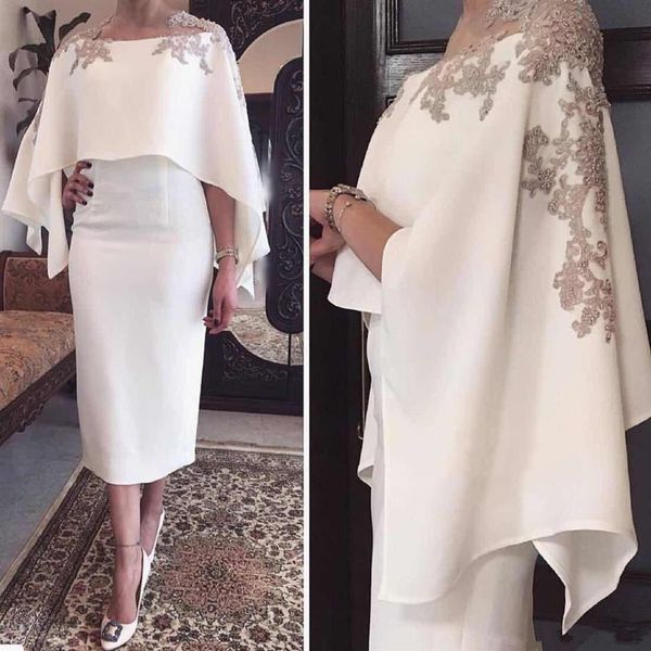 Nuovi abiti da cocktail in raso bianco con appliques avvolgenti Lunghezza tè Guaina Dubai Style Abiti da cerimonia per il ritorno a casa Custom Made Party Gow276O