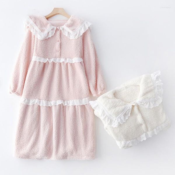 Roupa de Dormir Feminina Camisola de Caxemira de Inverno Feminina Camisola de Gola de Boneca Rosa Doce Camisola Roupão de Banho Vestido de Lã Coral Grosso Vestido de Menina para Casa