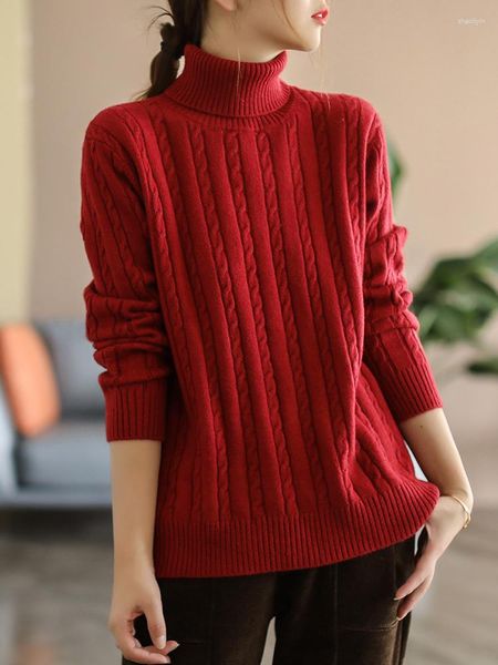 Frauen Pullover Winter Herbst Mode Retro Rollkragen Casual Lose Pullover Weibliche Einfarbig Einfache Wendungen Muster Stricken Pullover