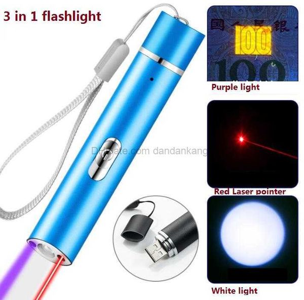 Superhelle Taschenlampe, ultraleichte LED-Taschenlampe, USB wiederaufladbar, 3-in-1-Taschenlampen, UV-Lila-Licht, Schwarzlicht-Taschenlampen, Laserpointer, Notfalllampe für den Außenbereich