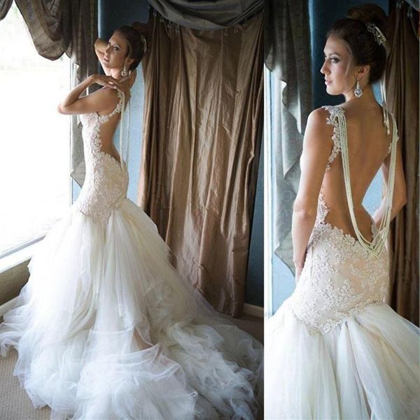 Sirena senza schienale 2018 Abiti da sposa Pere Collo trasparente Applique in pizzo Tromba Abiti da sposa Senza maniche Sweep Train Naama Anat Weddin305y