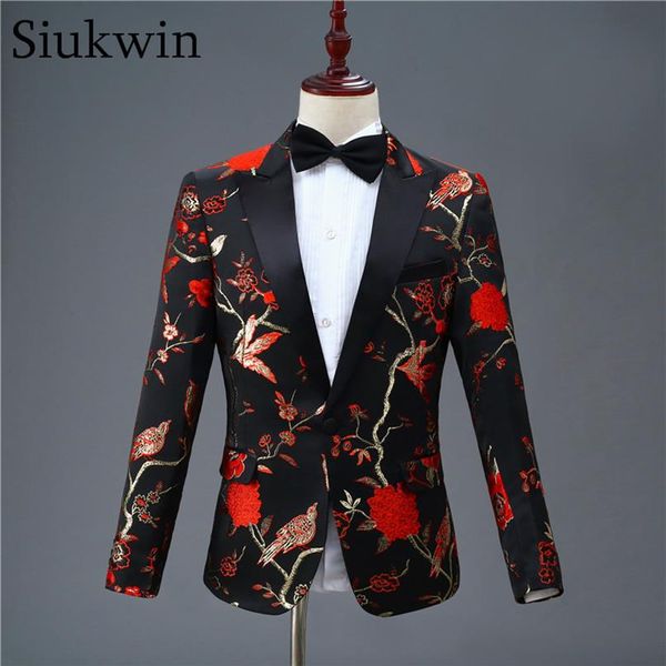 Черно -красный винтажный мужской печатный пиджак элегантный мужская куртка мужская выпускная костюма костюма вино смокинг -тройно маскулино весенний пиджак для мужчин 20111222L