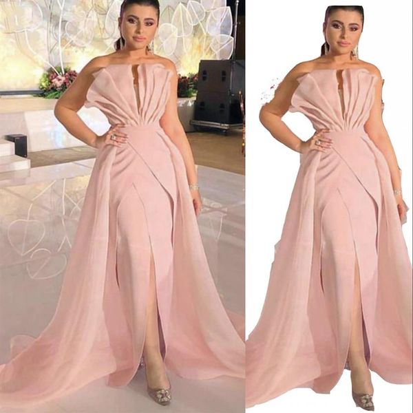 2022 Simples Vintage Sereia Vestidos de Noite Rosa Suave Mancha Vestido Formal Elegante Vestido de Festa Vestido de Baile Destacável Trem Vestidos D201f