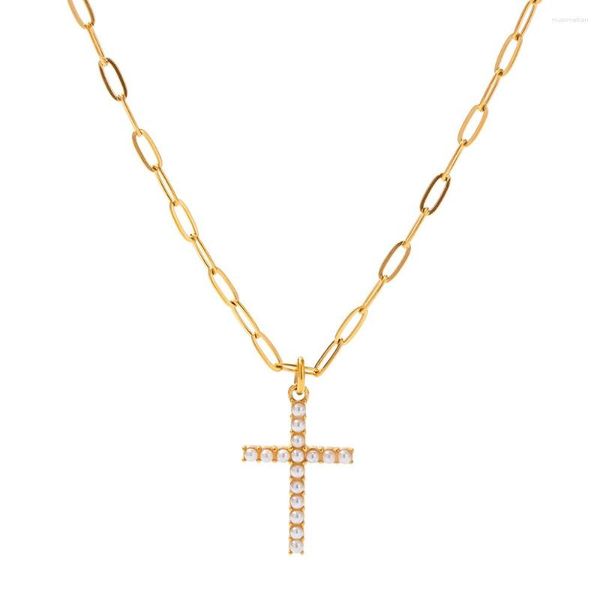 Anhänger Halsketten Youthway Edelstahl Faux Perle Kreuz Halskette Wasserdicht Charme Metall Gold Farbe Unisex Modeschmuck Für Männer