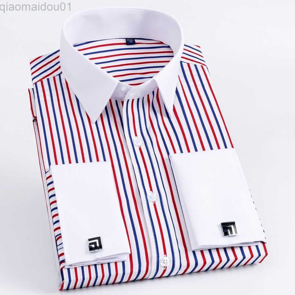 Erkekler Sıradan Gömlek Erkekler Klasik Fransız Kelepçesi Uzun Kollu Stripe Elbise Gömlek Pocket Olmadan Filmi İş Standart Düğün Düğün Sosyal Gömlekleri L230721