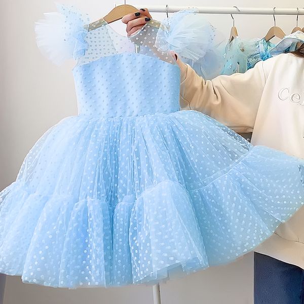 Meninas crianças festa de casamento vestidos tutu para crianças tule polka dot fantasia princesa vestido de noite dama de honra vestido de baile roupas