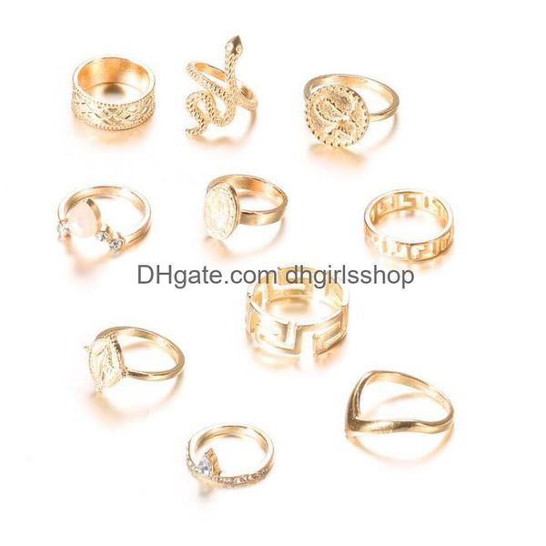 Anelli a fascia 10 Pz / set Charm Gold Color Snake Crystal Midi Finger Ring Set per le donne Vintage Boho Knuckle Party Punk Jewelry Drop Deliv Dhccj