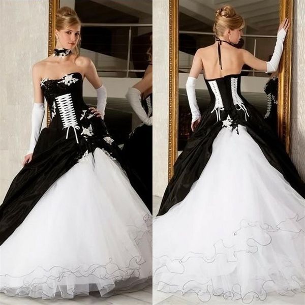 Vintage Schwarz-Weiß-Ballkleider Brautkleider 2019 Rückenfreies Korsett Viktorianisch Gothic Plus Size Hochzeit Brautkleider C192d