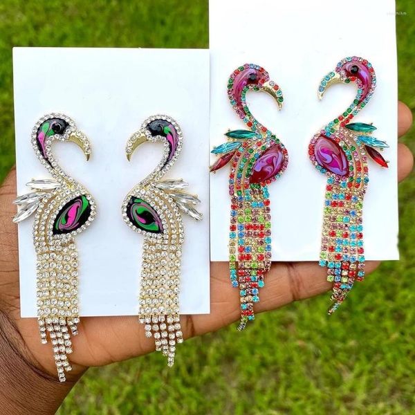 Brincos pendentes Vedawas INS Moda Flamingo Franjas Borla Para Mulheres Boho Luxo Animal Strass Brilhante Gota Jóias Presentes