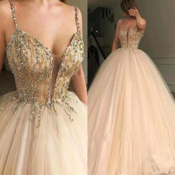 Champagne Abiti da Quinceanera Cinturino per spaghetti Senza maniche Formale 2021 Principessa Perline oro Dolce 16 anni Ragazze Prom Party Pageant 237a