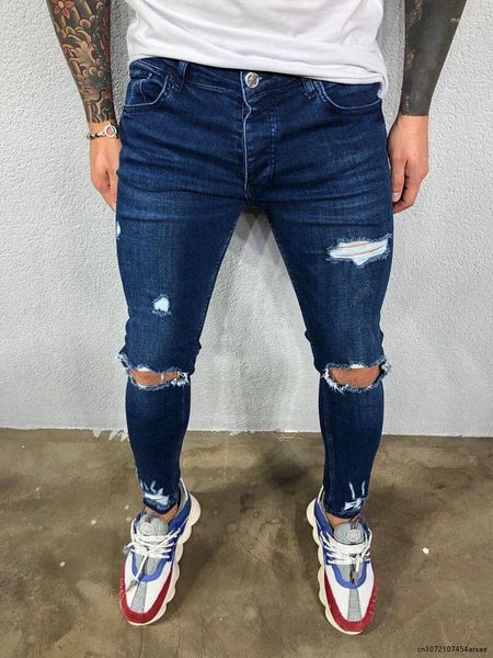 Jeans da uomo Skinny Denim Strappato Sfilacciato Pantaloni slim fit Hip Hop Nero Streetwear Bordo arrotolato Pantaloni casual da uomo