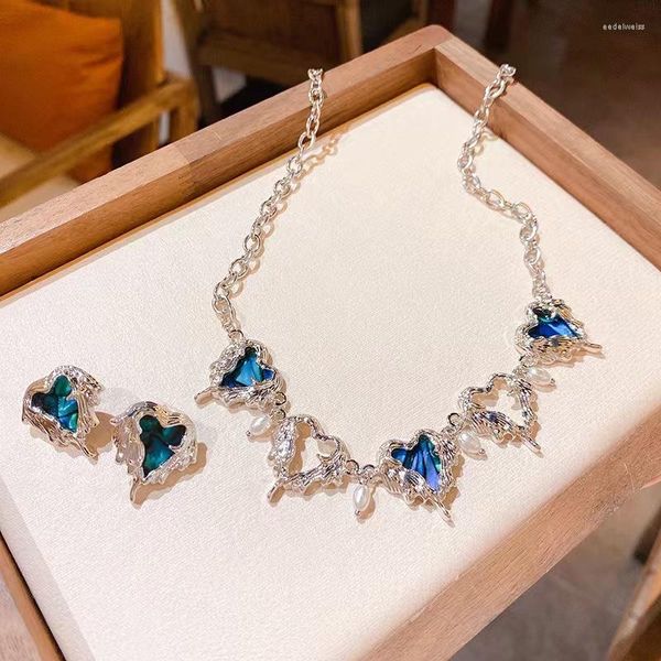 Ohrstecker Perle Metall Blau Herz Halskette Strass Kette Schmuck Accessoires Damen Mode Sommer Geschenk Freund Großhandel