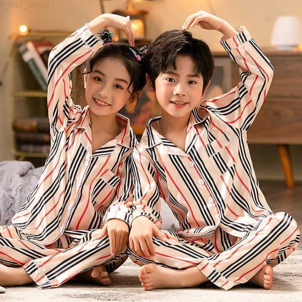 Pijama Pijama Criança Menino Listrado 3 5 7 9 11 Anos Crianças Conjuntos de Pijama de Cetim Crianças Bebê Roupa de Dormir Meninas Pijama Teen Seda Bonito Pjs Terno T221013 Z230721