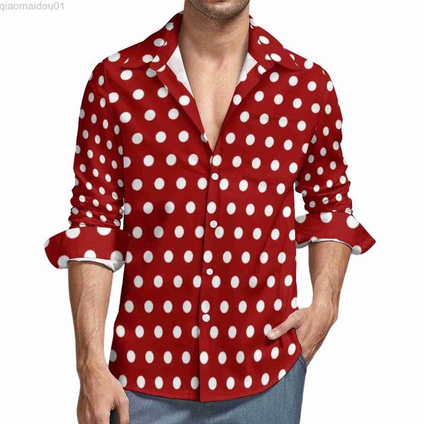 Camisas Casuais Masculinas Camisas Casuais de Bolinhas Brancas Homens Camisa Vermelha Escura Manga Longa Novidade Blusas Engraçadas Roupas Estampadas Outono Plus Size L230721