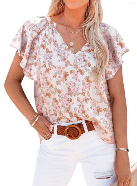 Camisetas femininas Tops femininos com estampa floral pulôver com decote em V manga folha de lótus chiffon camisa urbana casual tudo tendência verão blusas femininas