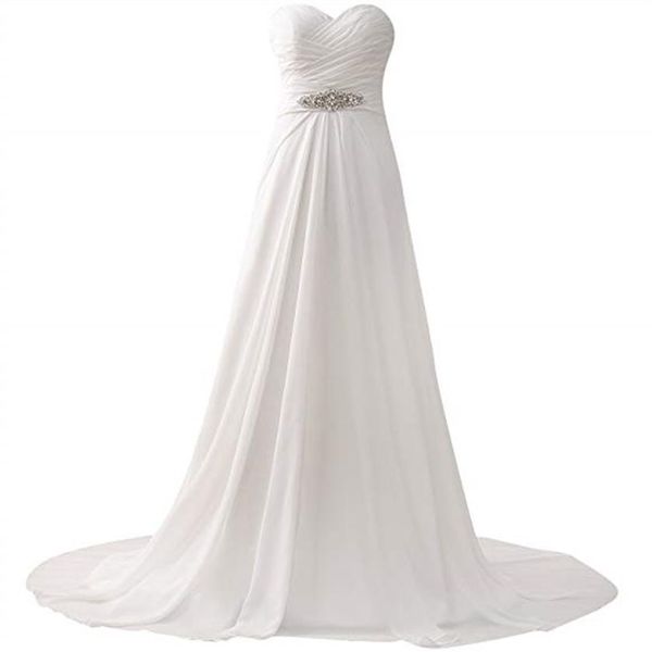 Românticos vestidos de noiva de praia branco evasê para cristais frisados chiffon vestido de noiva aberto nas costas com desconto vestidos de noiva vestido337H