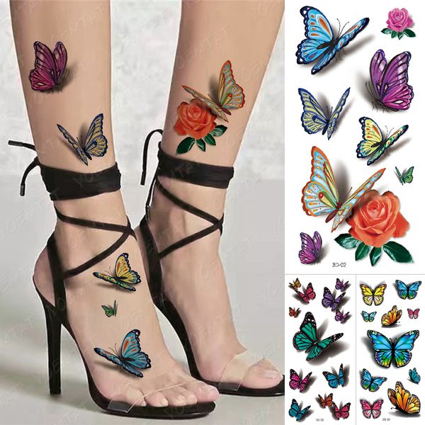 Borboleta 3D à prova d'água tatuagem temporária adesivo mulher tornozelo pulso peito flash tatuagem menina cor arte corporal tatuagem falsa realista