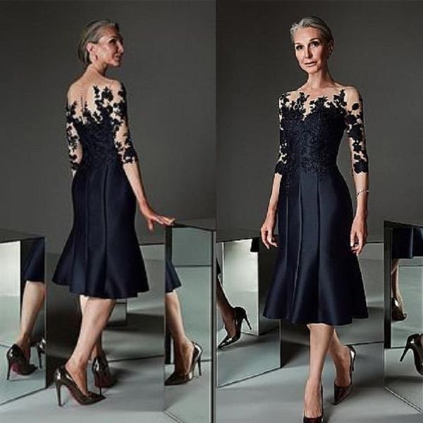 Wunderschöne schwarze Meerjungfrau-Kleider für die Brautmutter, Juwel, ärmelloses, appliziertes Spitze-Brautkleid, knielanges Mutterkleid, lang, formal291p