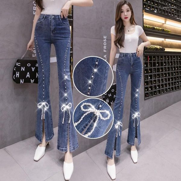 Damen Jeans Frühling Herbst Perle Hohe Taille Split Denim Hosen Frauen Elegant Chic Perlen Schleife Boot Cut Mädchen Vintage Fee