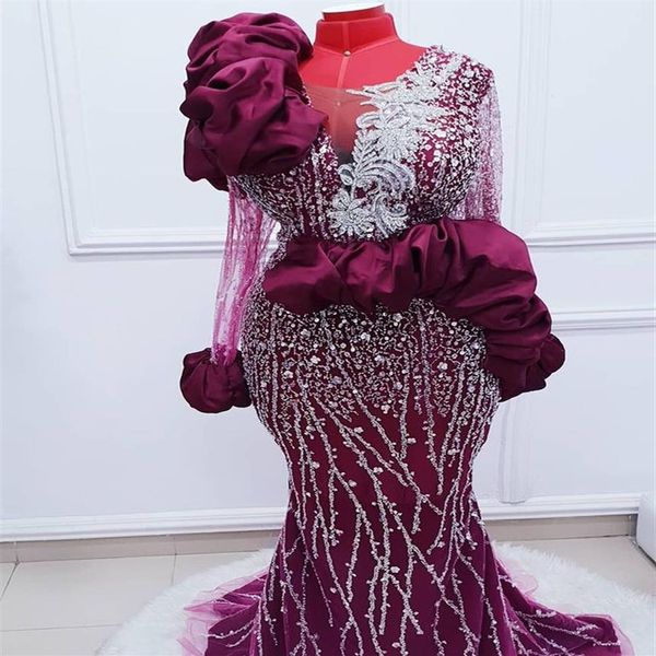 2021 Plus Size arabo Aso Ebi bordeaux sirena abiti da ballo di lusso in rilievo di pizzo da sera sexy partito formale secondo ricevimento abiti2695