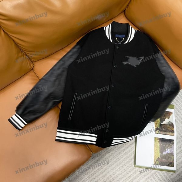 xinxinbuy Masculino designer Casaco Jaqueta Paris Toalha bordado Letra em relevo Couro manga longa feminino amarelo preto azul S-2XL