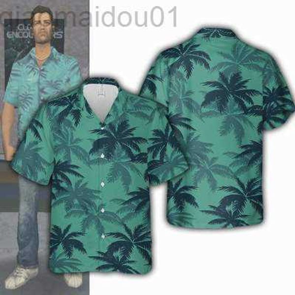 Мужские повседневные рубашки новая мужская рубашка игра персонаж Тот же стиль с коротким рукавом кубинский гавайский 3D -печать летние каникулы L230721 L230721
