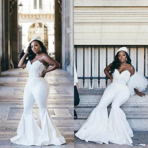 Plus Size African Wedding Jumpsuit 2021 Vestidos De Novia Lace Stain Sweetheart Lace-up Corset Top Garden Beach Bride Dress mit P323S