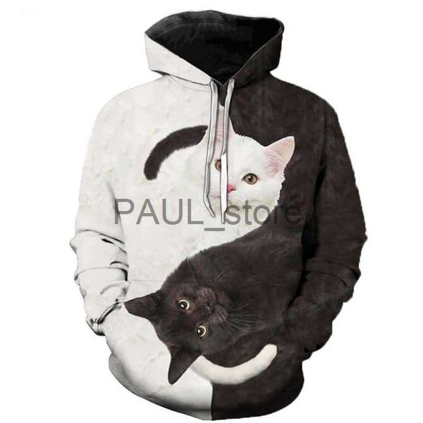 Moletom Masculino Moda Quente Preto e Branco Gato 3D Moletom Com Capuz Pulôver Masculino Feminino Casual Streetwear Casual Preto Plus Size Hoodies x0720