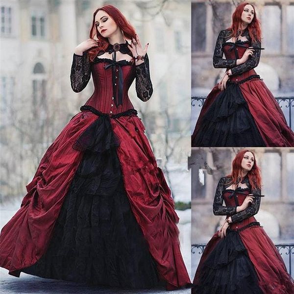 Burgundy Gothic Victorian Halloween Brautkleider 2022 Vintage Weinrot und Schwarz Sheer Lace Langarm Korsett Hochzeitskleid305Q