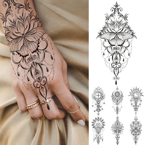 Adesivo de tatuagem temporária à prova d'água Henna Mehndi Totem Flash Tatto Borboleta Flor Mão Dedos Arte Corporal Braço Tatuagem Falsa Feminina