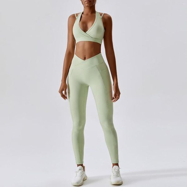 Calça feminina de duas peças verão 2023 roupa de treino yoga conjunto fitness decote em v profundo linha frente única alças ocas costas cruzadas na cintura remendo lateral