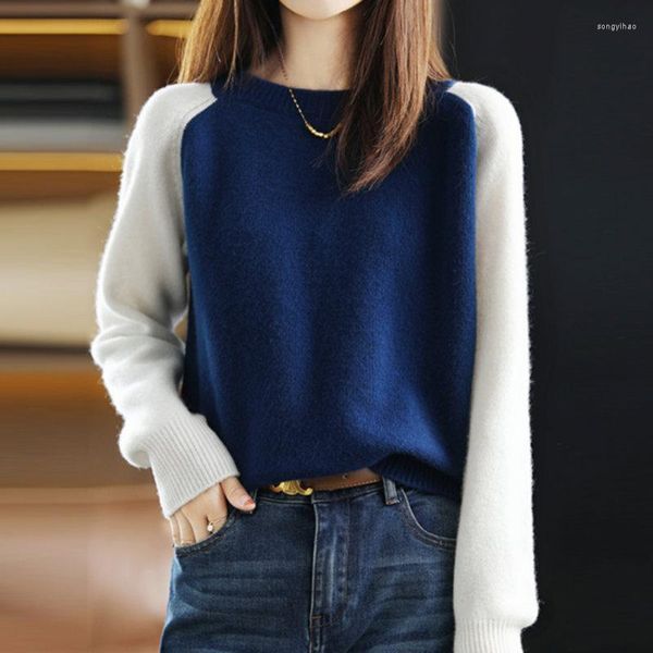 Kadın Sweaters Kaşmir Kazak Sweater Kadın Patchwork Renk Renkli Yün Good Loses Teps Kadın O-boyun uzun kolu artı boyutu