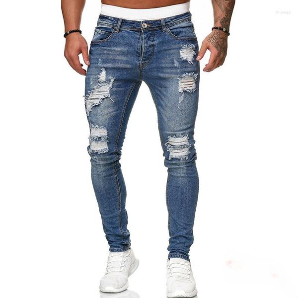Jeans da uomo 2023 Mens sexy traforato elastico tinta unita pantaloni attillati slim fit moda sport da ciclismo all'aperto slim-fit