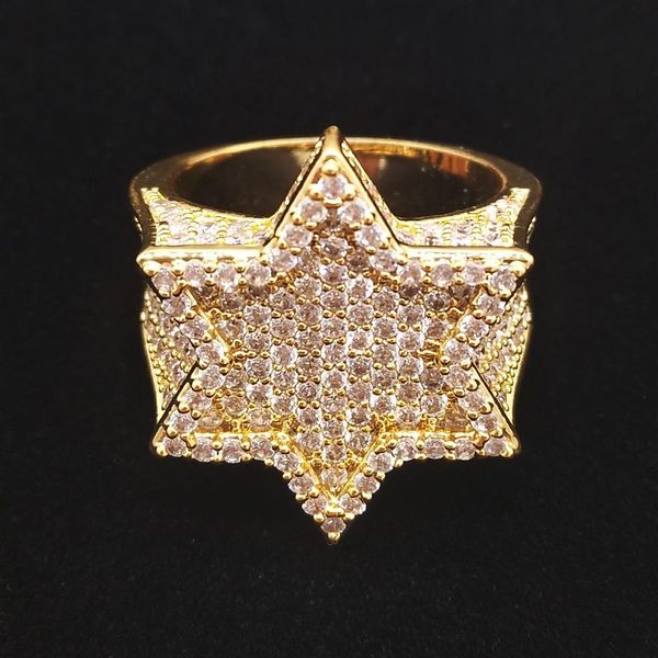 Oro 18 carati placcato oro bianco Mens Franklin Mint Green Iced Out CZ Cubic Zirconia Hexagonal Star Finger Ring Band ragazzi HipHop Rapper 2399