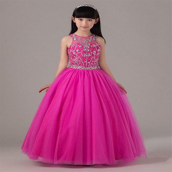 Vestido de desfile rosa com miçangas para meninas saia longa de tule vestido de festa infantil vestido de aniversário feito sob medida2358